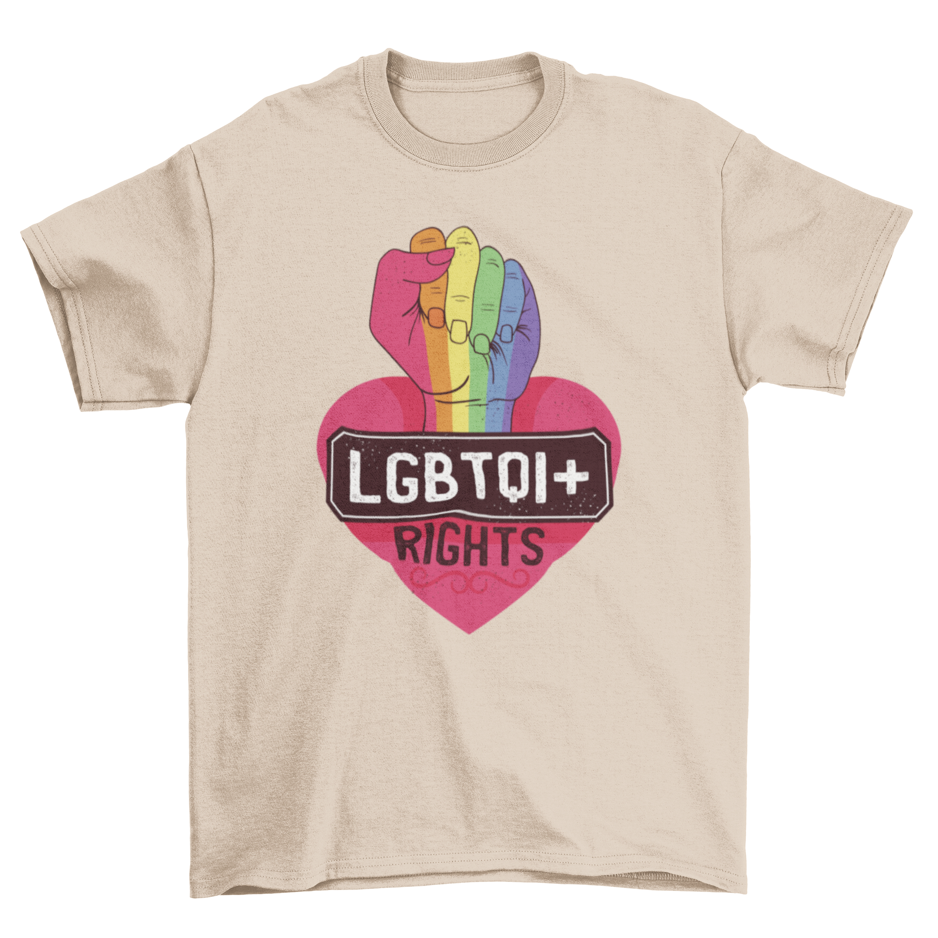 LGBTQI rights t-shirt featuring a rainbow fist and pink heart design, symbolizing pride and equality.