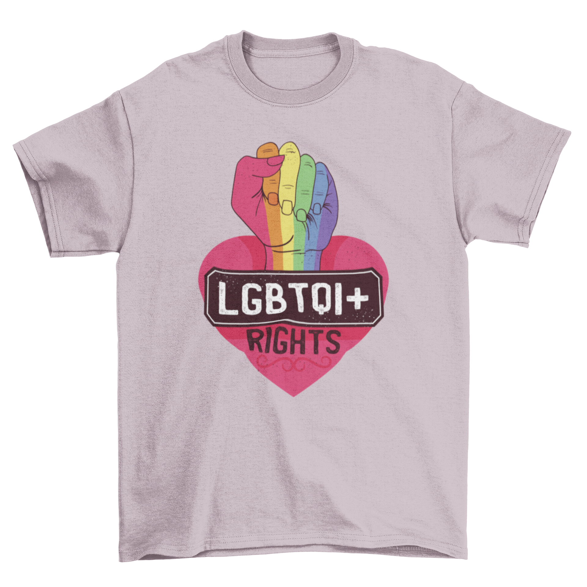 LGBTQI rights t-shirt featuring a rainbow fist and pink heart design, symbolizing pride and equality.