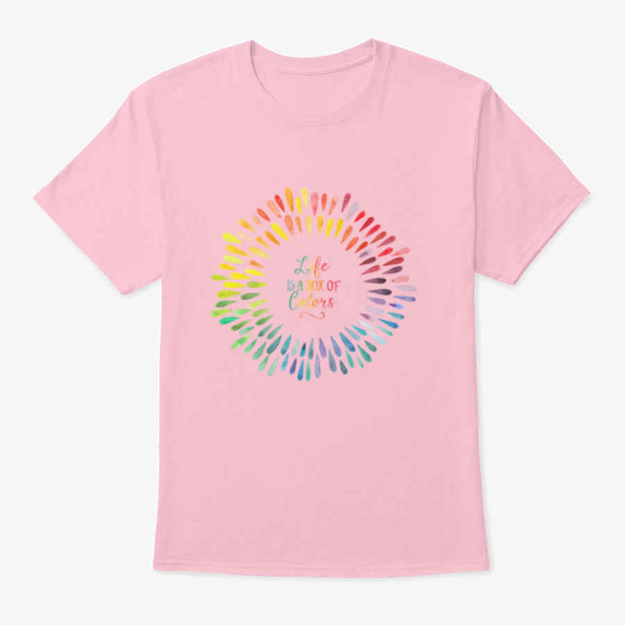 A stylish T-shirt featuring the motivational quote 'Life Is A Box Of Colors' in vibrant colors, made from 100% cotton for comfort.