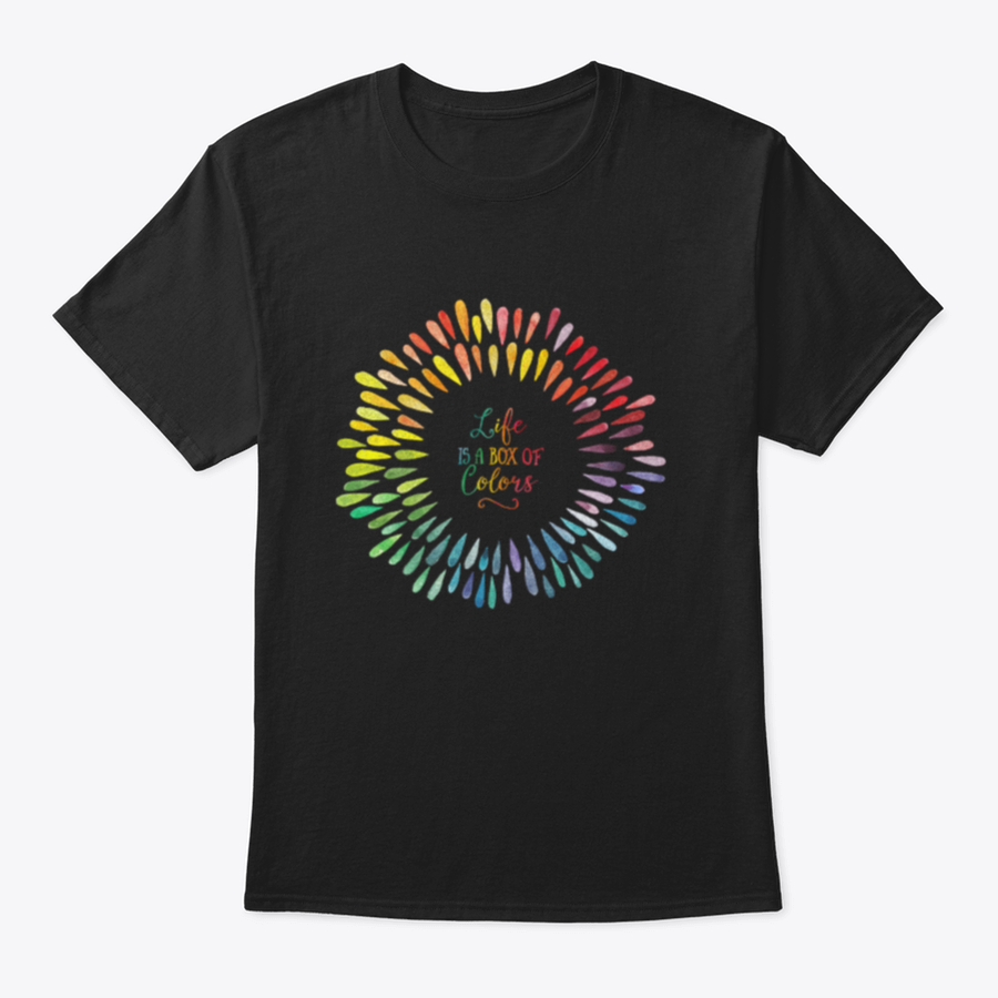 A stylish T-shirt featuring the motivational quote 'Life Is A Box Of Colors' in vibrant colors, made from 100% cotton for comfort.