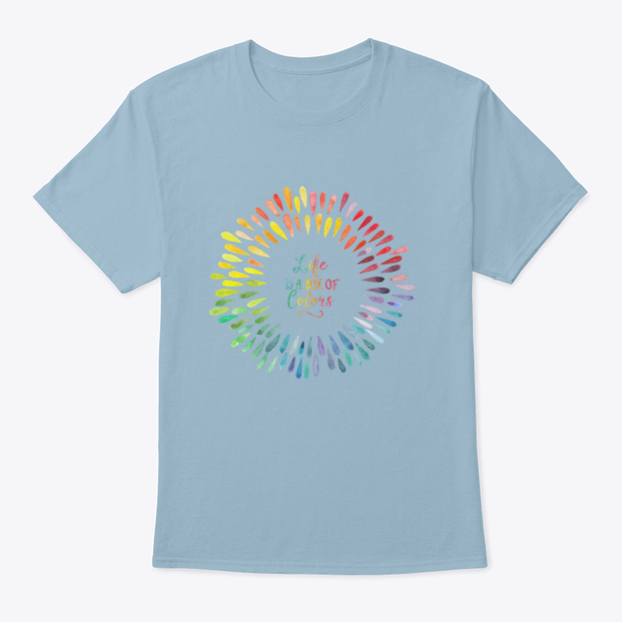 A stylish T-shirt featuring the motivational quote 'Life Is A Box Of Colors' in vibrant colors, made from 100% cotton for comfort.