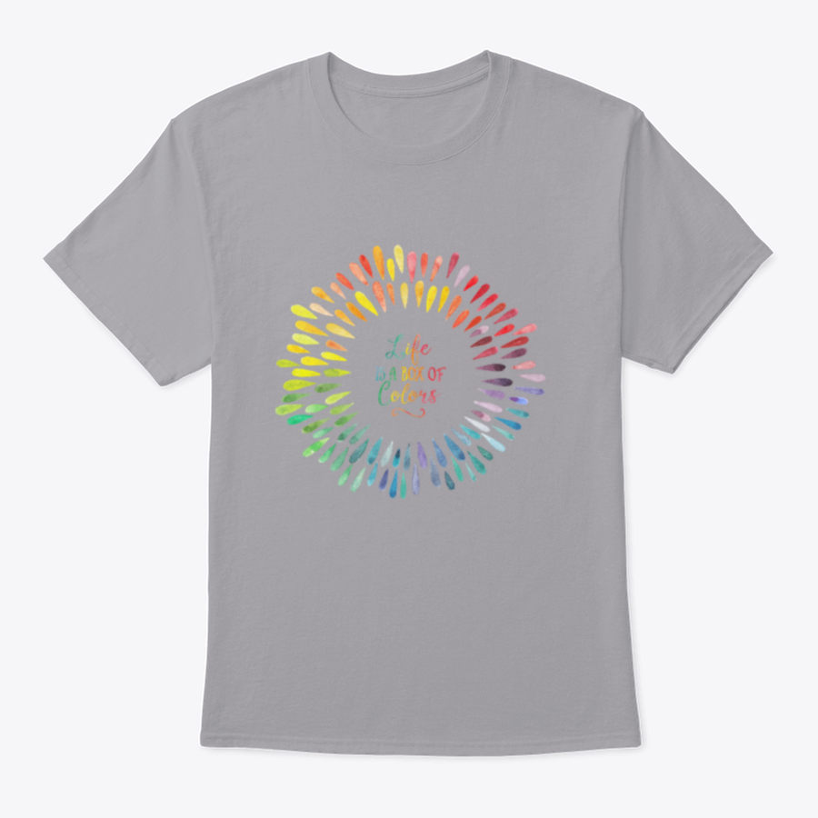 A stylish T-shirt featuring the motivational quote 'Life Is A Box Of Colors' in vibrant colors, made from 100% cotton for comfort.