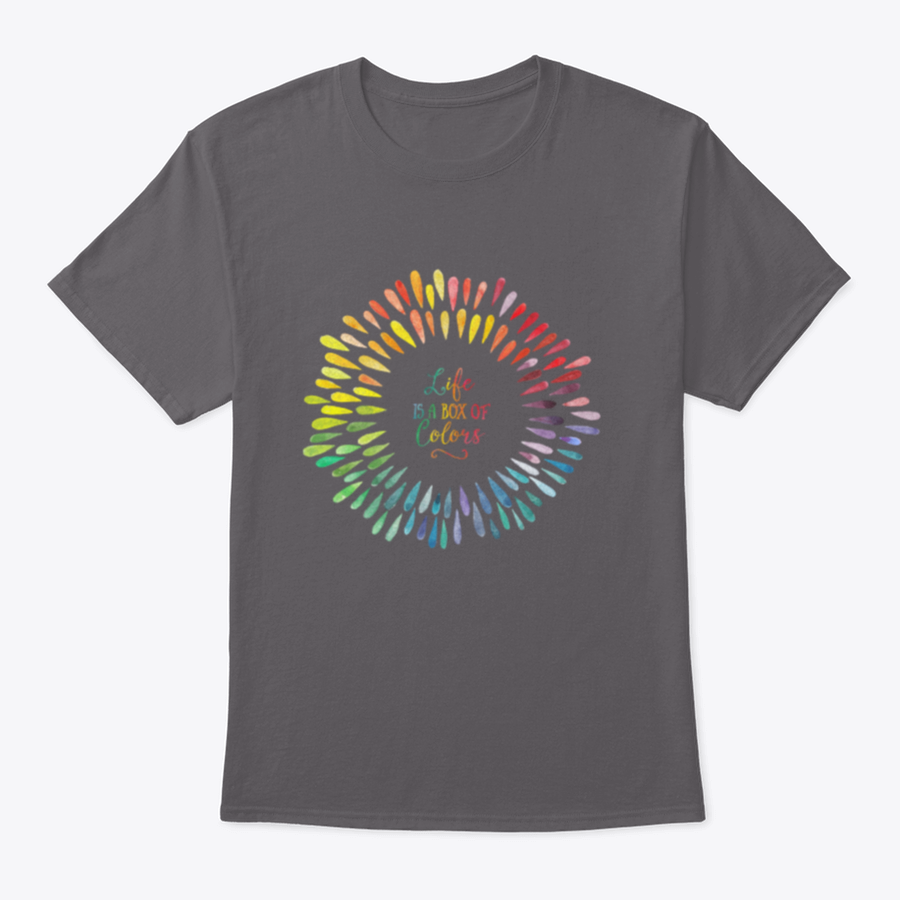 A stylish T-shirt featuring the motivational quote 'Life Is A Box Of Colors' in vibrant colors, made from 100% cotton for comfort.