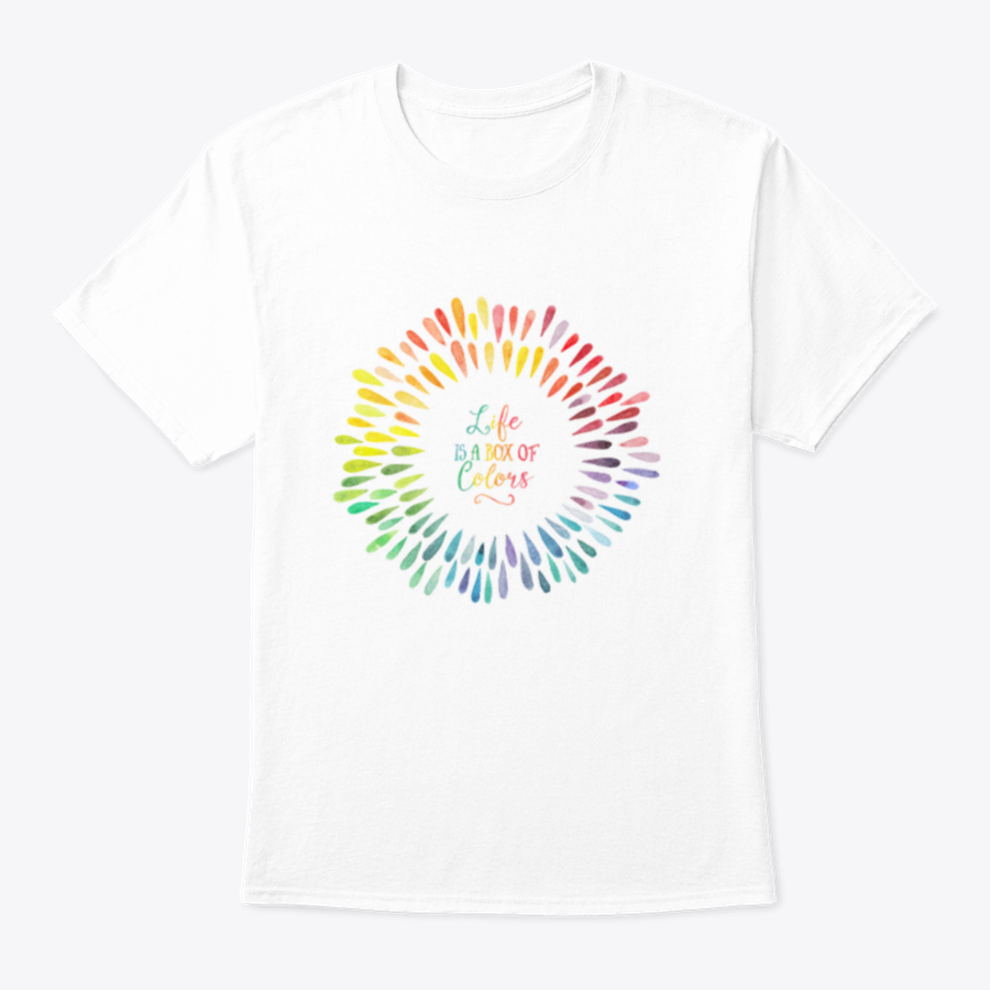 A stylish T-shirt featuring the motivational quote 'Life Is A Box Of Colors' in vibrant colors, made from 100% cotton for comfort.