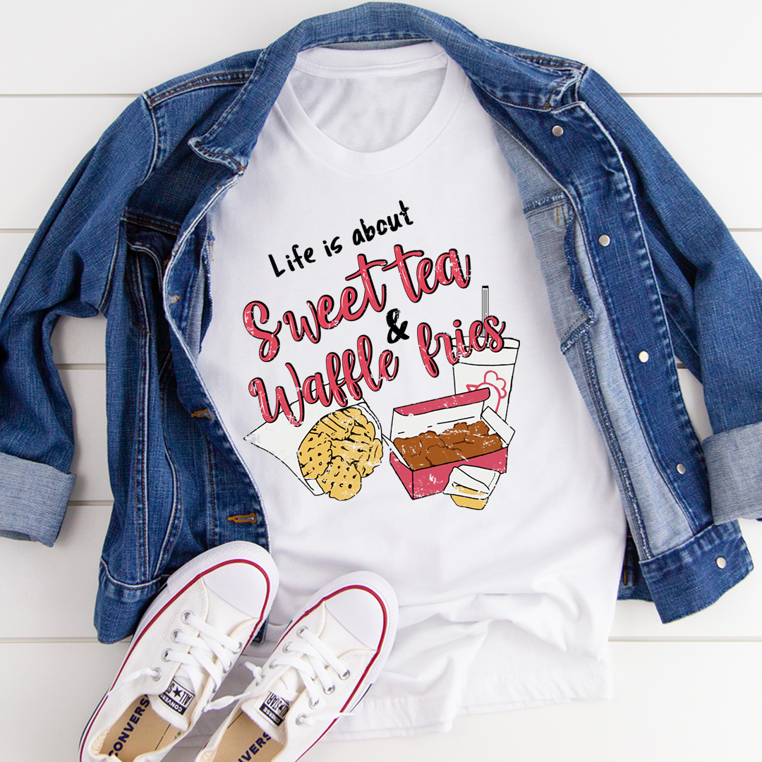 Life Is About Sweet Tea & Waffle Fries T-Shirt in a casual setting, showcasing its soft cotton fabric and vibrant print.