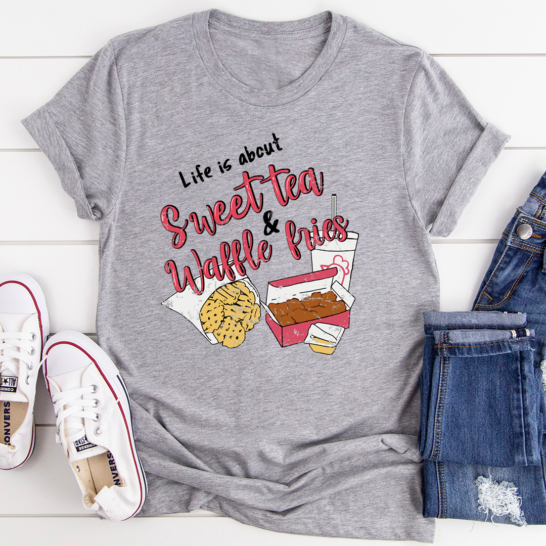 Life Is About Sweet Tea & Waffle Fries T-Shirt in a casual setting, showcasing its soft cotton fabric and vibrant print.