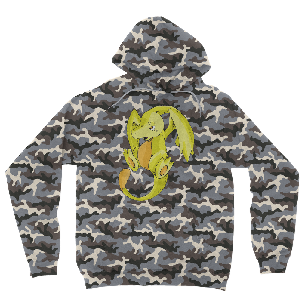 Lighender Camouflage Adult Hoodie featuring an all-over camo design, double fabric hood, and kangaroo pouch pocket.