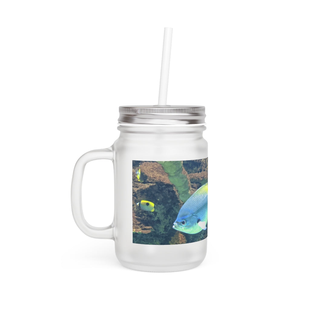 Light and Yellow Fish Mason Jar with straw and lid, showcasing a frosted glass design perfect for personalized drinks.