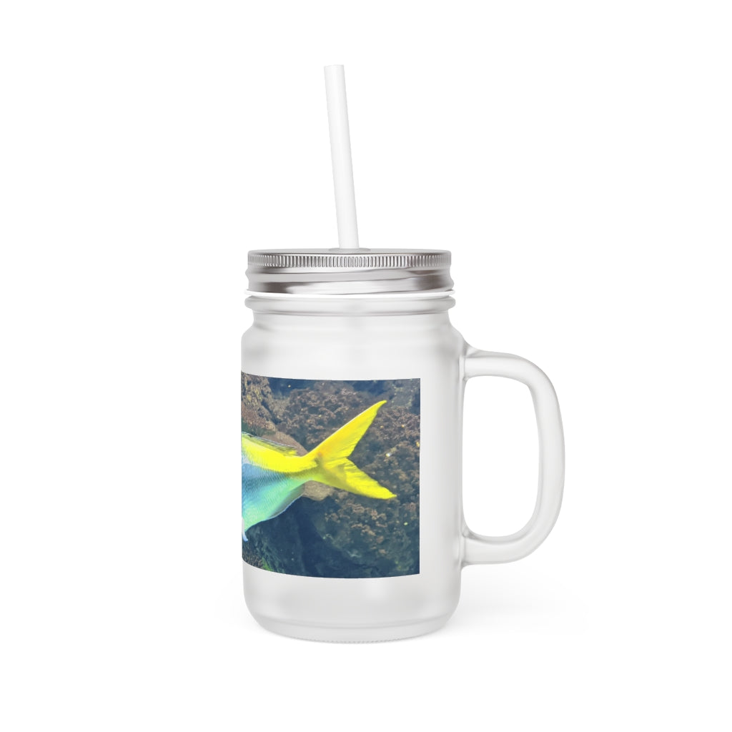 Light and Yellow Fish Mason Jar with straw and lid, showcasing a frosted glass design perfect for personalized drinks.