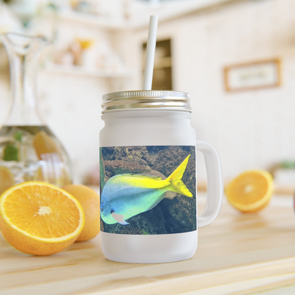 Light and Yellow Fish Mason Jar with straw and lid, showcasing a frosted glass design perfect for personalized drinks.