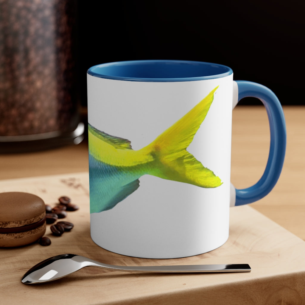 Light Blue and Yellow Fish Accent Coffee Mug with C-handle, showcasing vibrant colors and a stylish design.