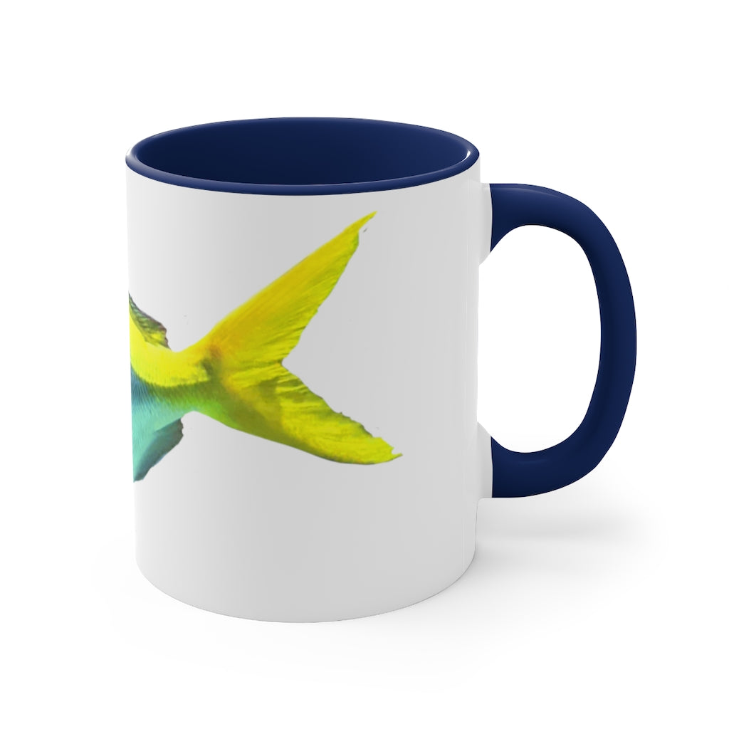 Light Blue and Yellow Fish Accent Coffee Mug with C-handle, showcasing vibrant colors and a stylish design.