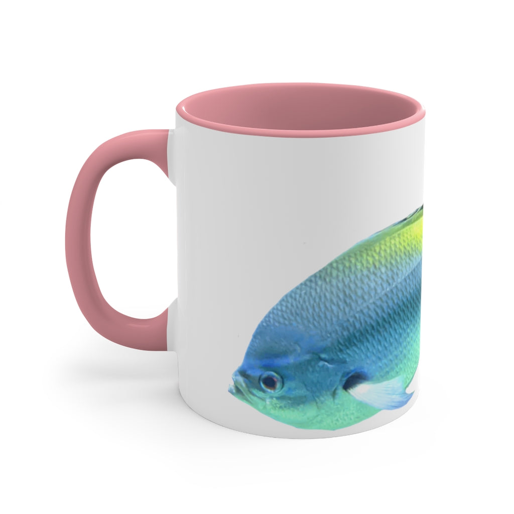 Light Blue and Yellow Fish Accent Coffee Mug with C-handle, showcasing vibrant colors and a stylish design.