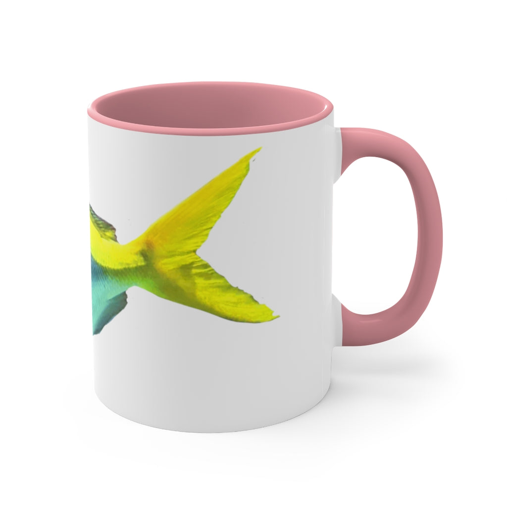 Light Blue and Yellow Fish Accent Coffee Mug with C-handle, showcasing vibrant colors and a stylish design.