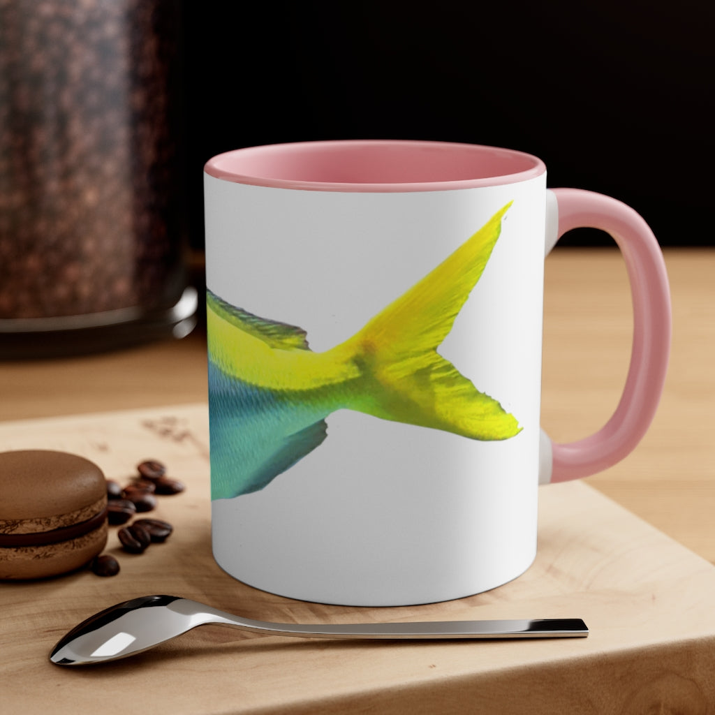 Light Blue and Yellow Fish Accent Coffee Mug with C-handle, showcasing vibrant colors and a stylish design.