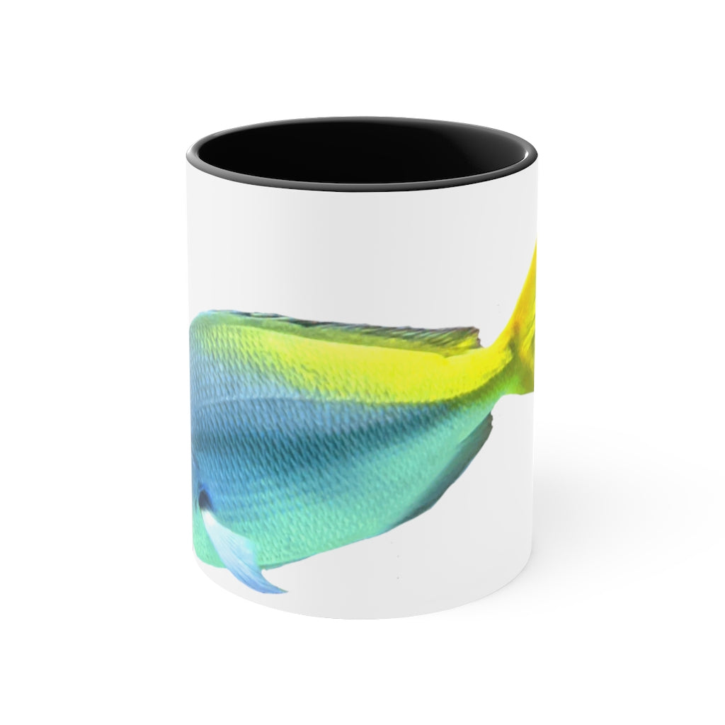 Light Blue and Yellow Fish Accent Coffee Mug with C-handle, showcasing vibrant colors and a stylish design.