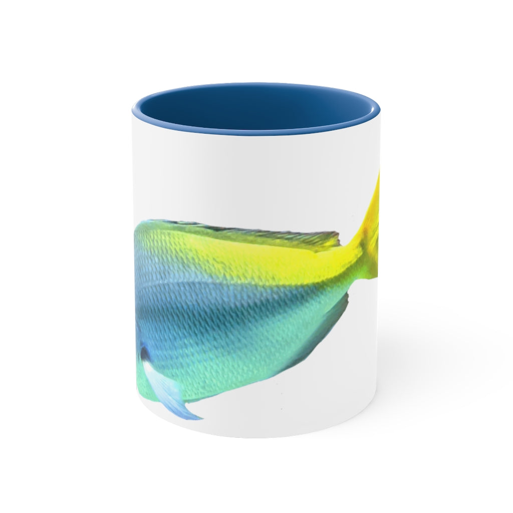 Light Blue and Yellow Fish Accent Coffee Mug with C-handle, showcasing vibrant colors and a stylish design.