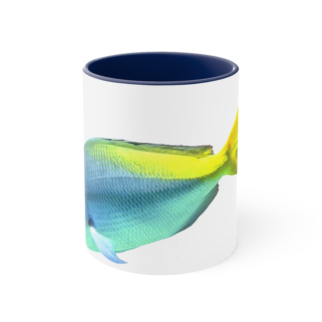 Light Blue and Yellow Fish Accent Coffee Mug with C-handle, showcasing vibrant colors and a stylish design.