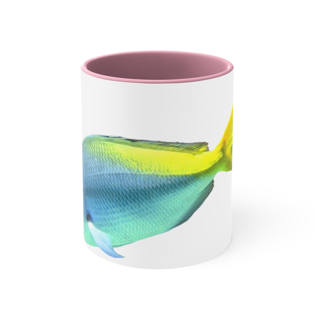 Light Blue and Yellow Fish Accent Coffee Mug with C-handle, showcasing vibrant colors and a stylish design.