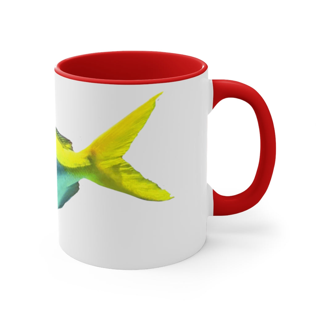 Light Blue and Yellow Fish Accent Coffee Mug with C-handle, showcasing vibrant colors and a stylish design.