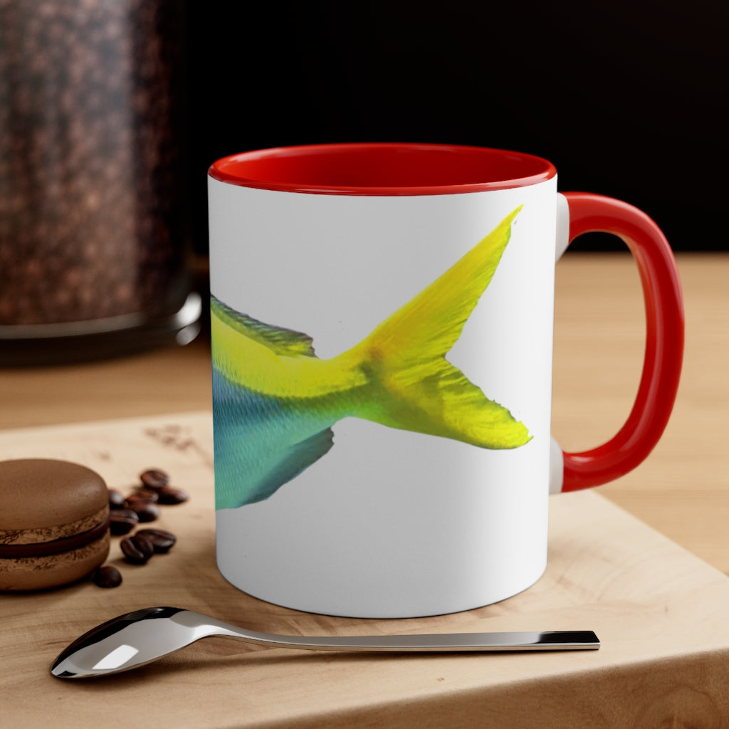 Light Blue and Yellow Fish Accent Coffee Mug with C-handle, showcasing vibrant colors and a stylish design.