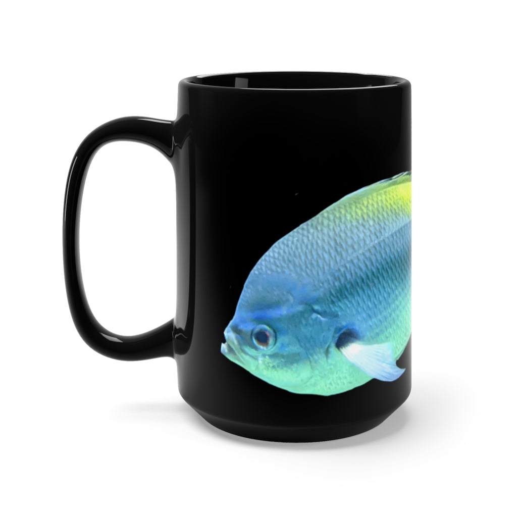 A stylish black ceramic mug featuring a vibrant light blue and yellow fish design, perfect for coffee and tea lovers.