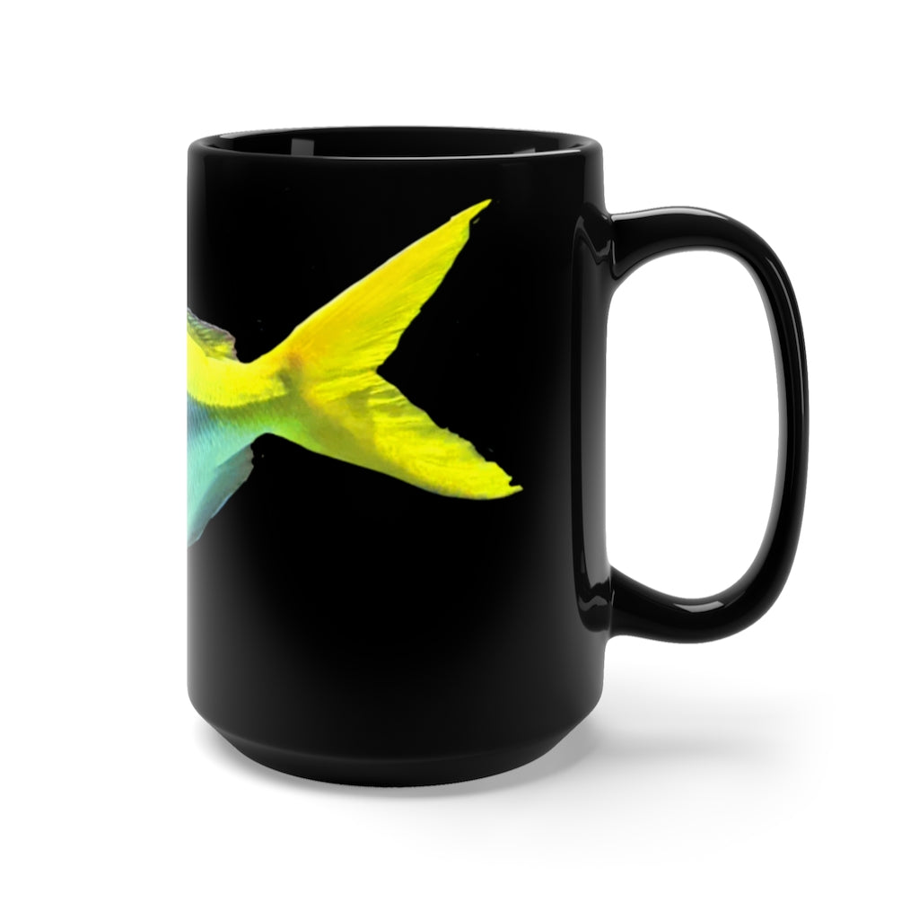 A stylish black ceramic mug featuring a vibrant light blue and yellow fish design, perfect for coffee and tea lovers.