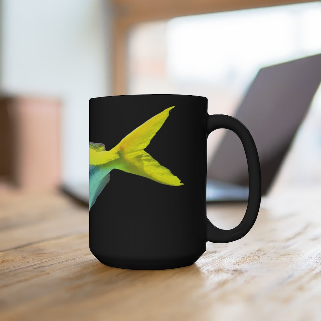 A stylish black ceramic mug featuring a vibrant light blue and yellow fish design, perfect for coffee and tea lovers.