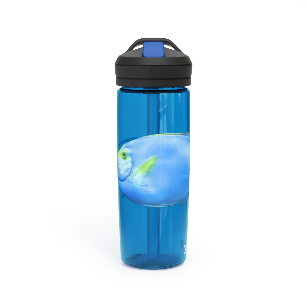 Light Blue and Yellow Fish CamelBak Eddy® Water Bottle, 20oz and 25oz sizes, featuring a spill-proof biting valve and easy-carry handle.