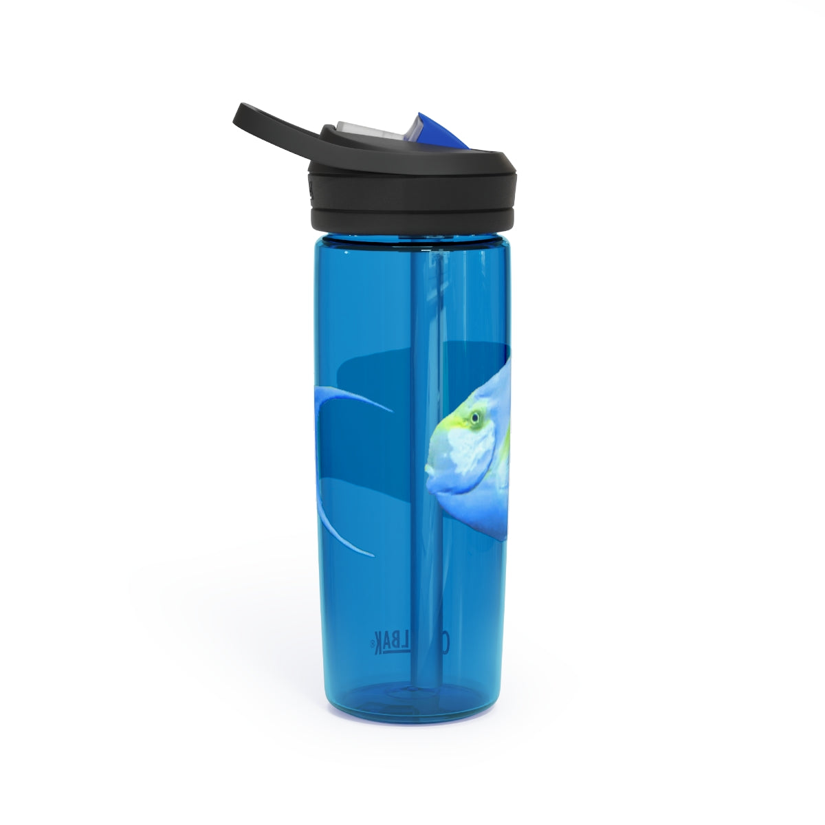 Light Blue and Yellow Fish CamelBak Eddy® Water Bottle, 20oz and 25oz sizes, featuring a spill-proof biting valve and easy-carry handle.