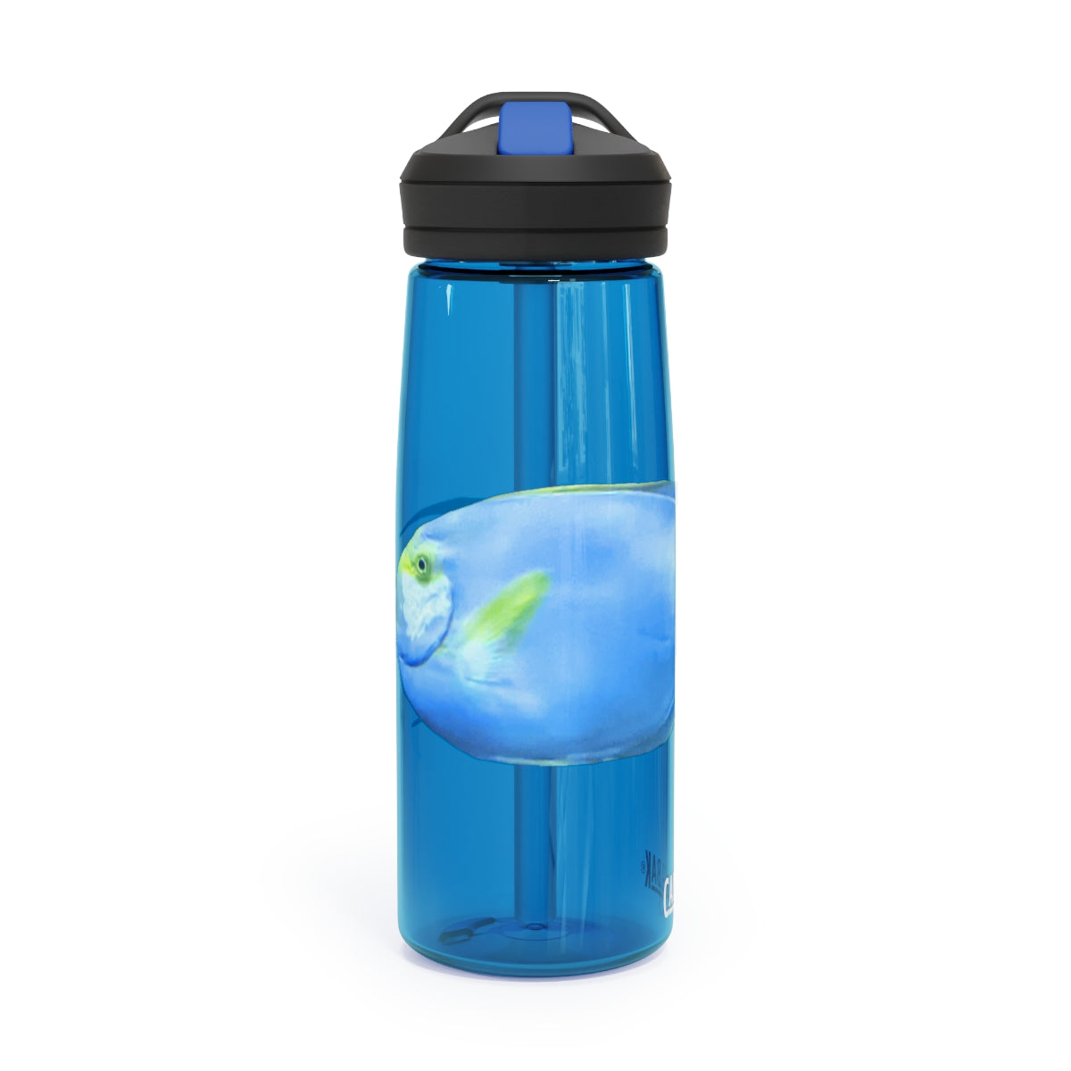 Light Blue and Yellow Fish CamelBak Eddy® Water Bottle, 20oz and 25oz sizes, featuring a spill-proof biting valve and easy-carry handle.