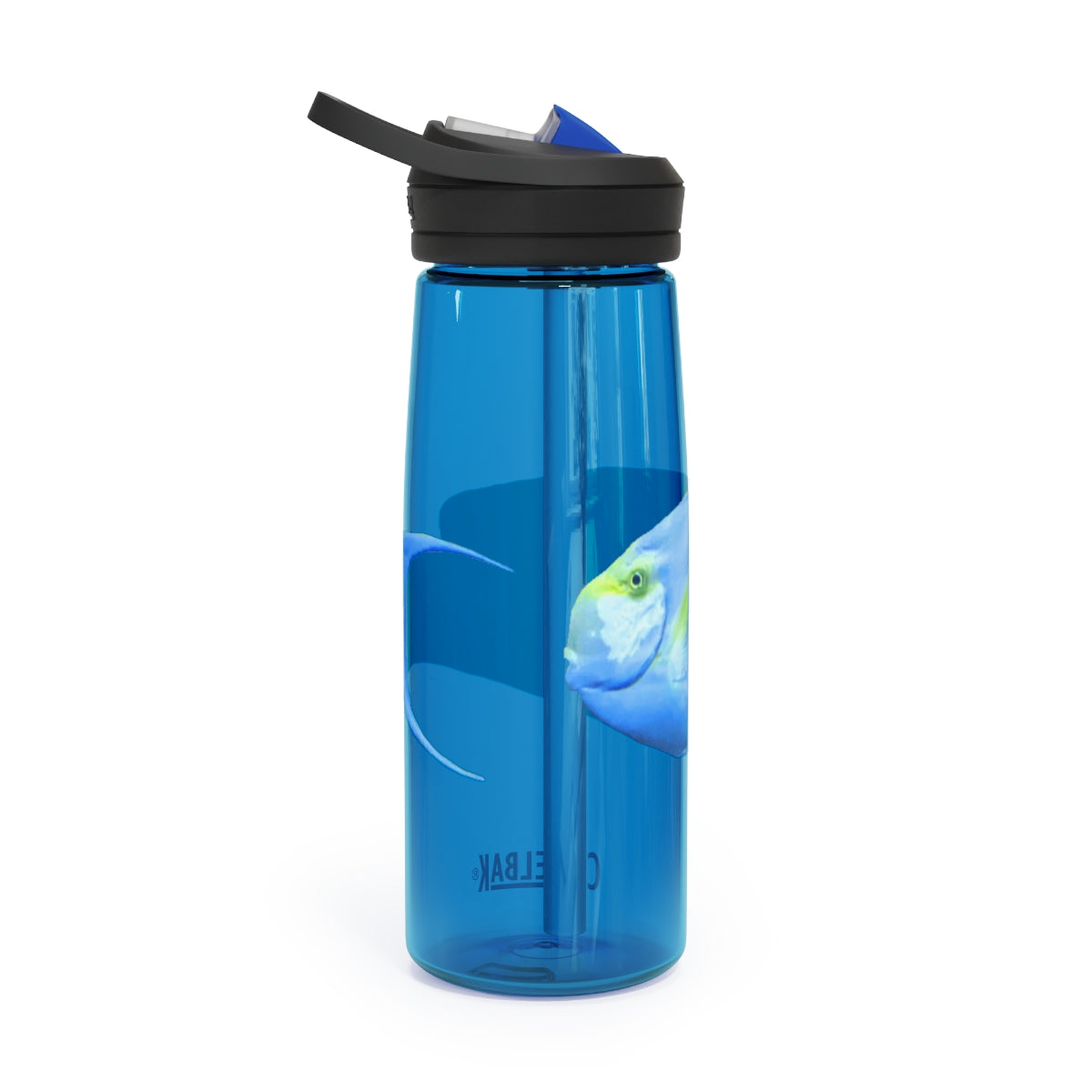 Light Blue and Yellow Fish CamelBak Eddy® Water Bottle, 20oz and 25oz sizes, featuring a spill-proof biting valve and easy-carry handle.