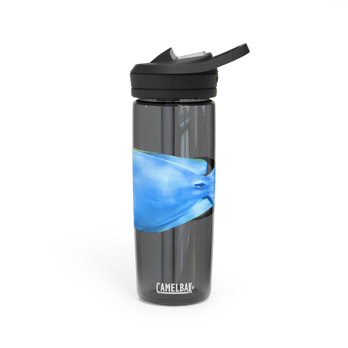 Light Blue and Yellow Fish CamelBak Eddy® Water Bottle, 20oz and 25oz sizes, featuring a spill-proof biting valve and easy-carry handle.