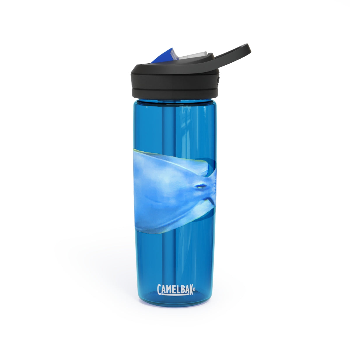 Light Blue and Yellow Fish CamelBak Eddy® Water Bottle, 20oz and 25oz sizes, featuring a spill-proof biting valve and easy-carry handle.