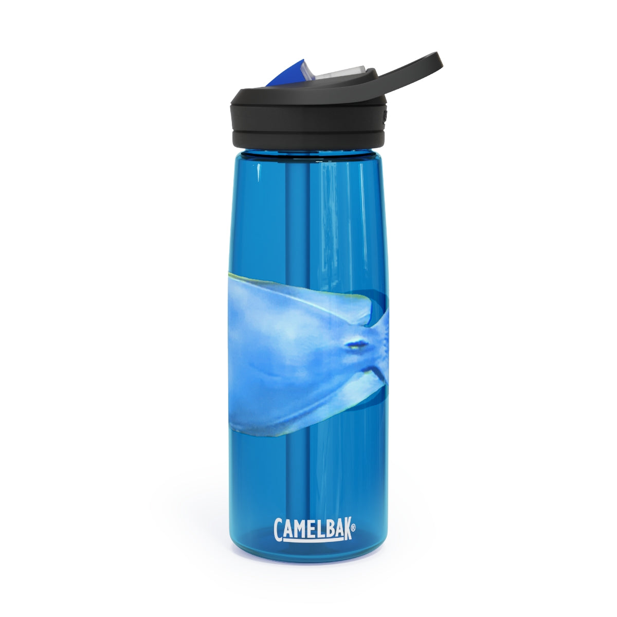 Light Blue and Yellow Fish CamelBak Eddy® Water Bottle, 20oz and 25oz sizes, featuring a spill-proof biting valve and easy-carry handle.