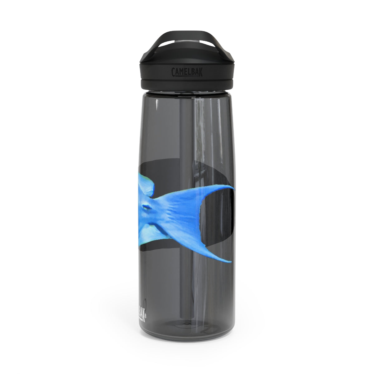 Light Blue and Yellow Fish CamelBak Eddy® Water Bottle, 20oz and 25oz sizes, featuring a spill-proof biting valve and easy-carry handle.