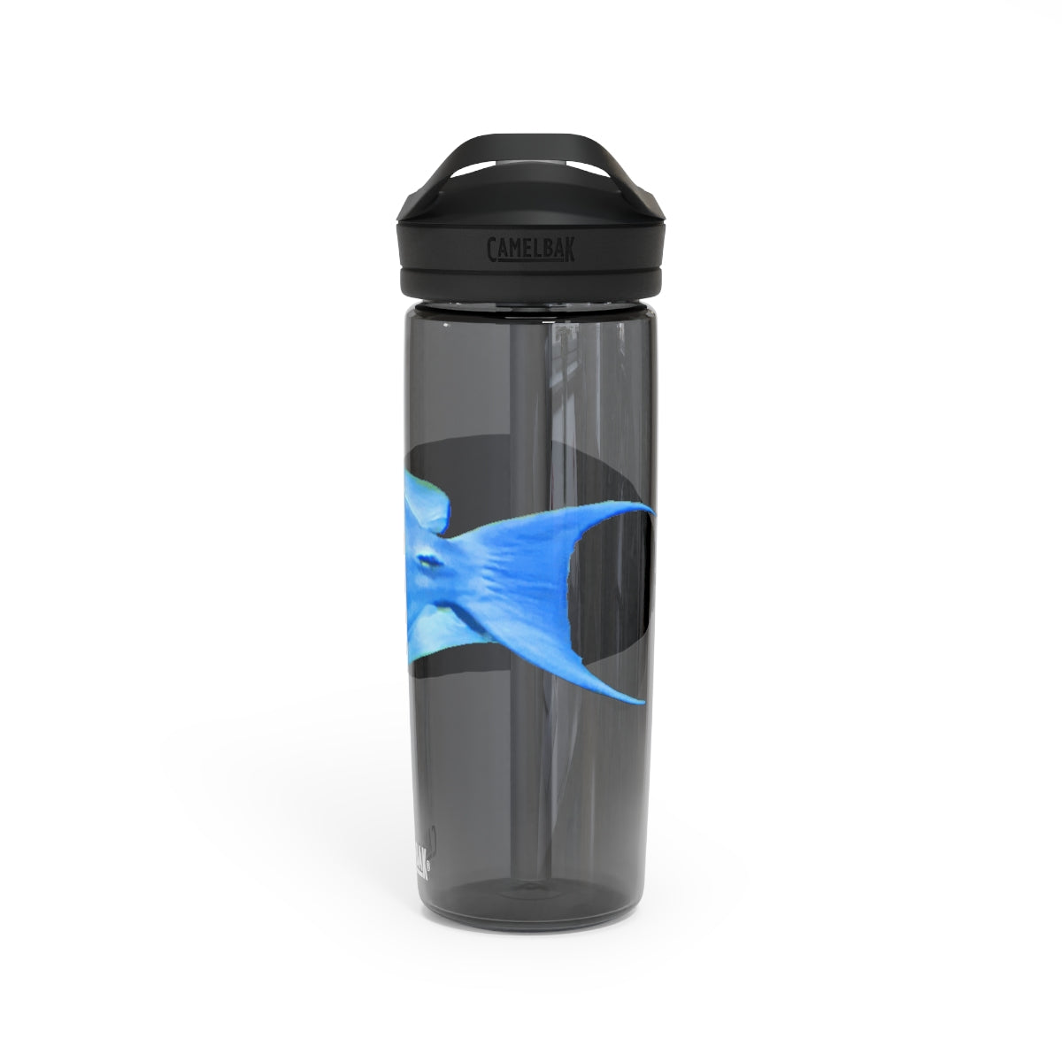 Light Blue and Yellow Fish CamelBak Eddy® Water Bottle, 20oz and 25oz sizes, featuring a spill-proof biting valve and easy-carry handle.