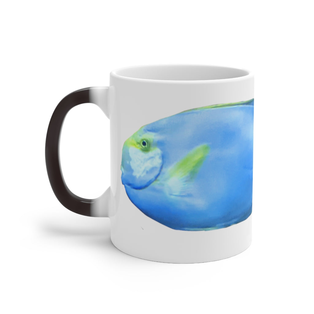 Light Blue and Yellow Fish Color Changing Mug showcasing vibrant colors and whimsical fish design.