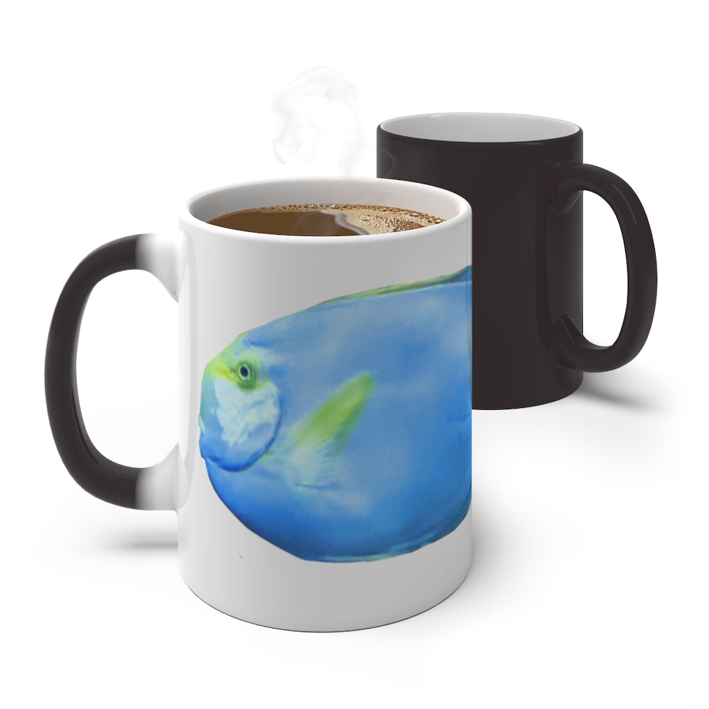 Light Blue and Yellow Fish Color Changing Mug showcasing vibrant colors and whimsical fish design.