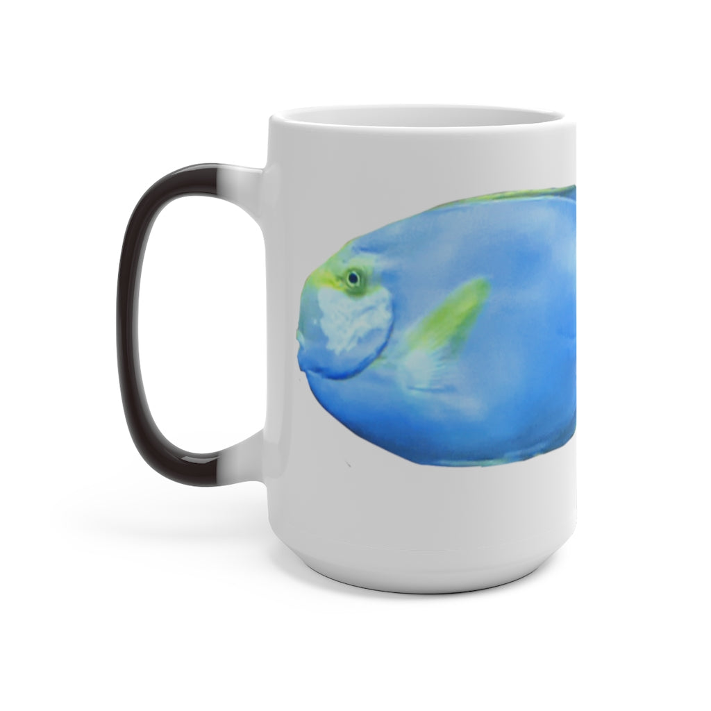 Light Blue and Yellow Fish Color Changing Mug showcasing vibrant colors and whimsical fish design.