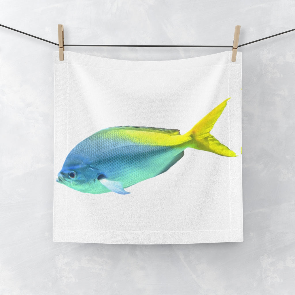 Light Blue and Yellow Fish Face Towel featuring a vibrant fish design on a soft polyester front and absorbent cotton back.