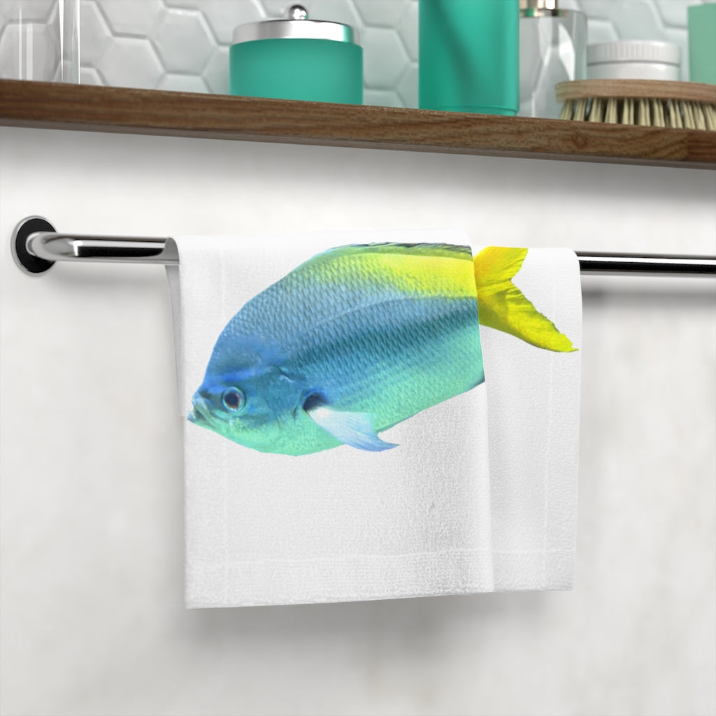 Light Blue and Yellow Fish Face Towel featuring a vibrant fish design on a soft polyester front and absorbent cotton back.