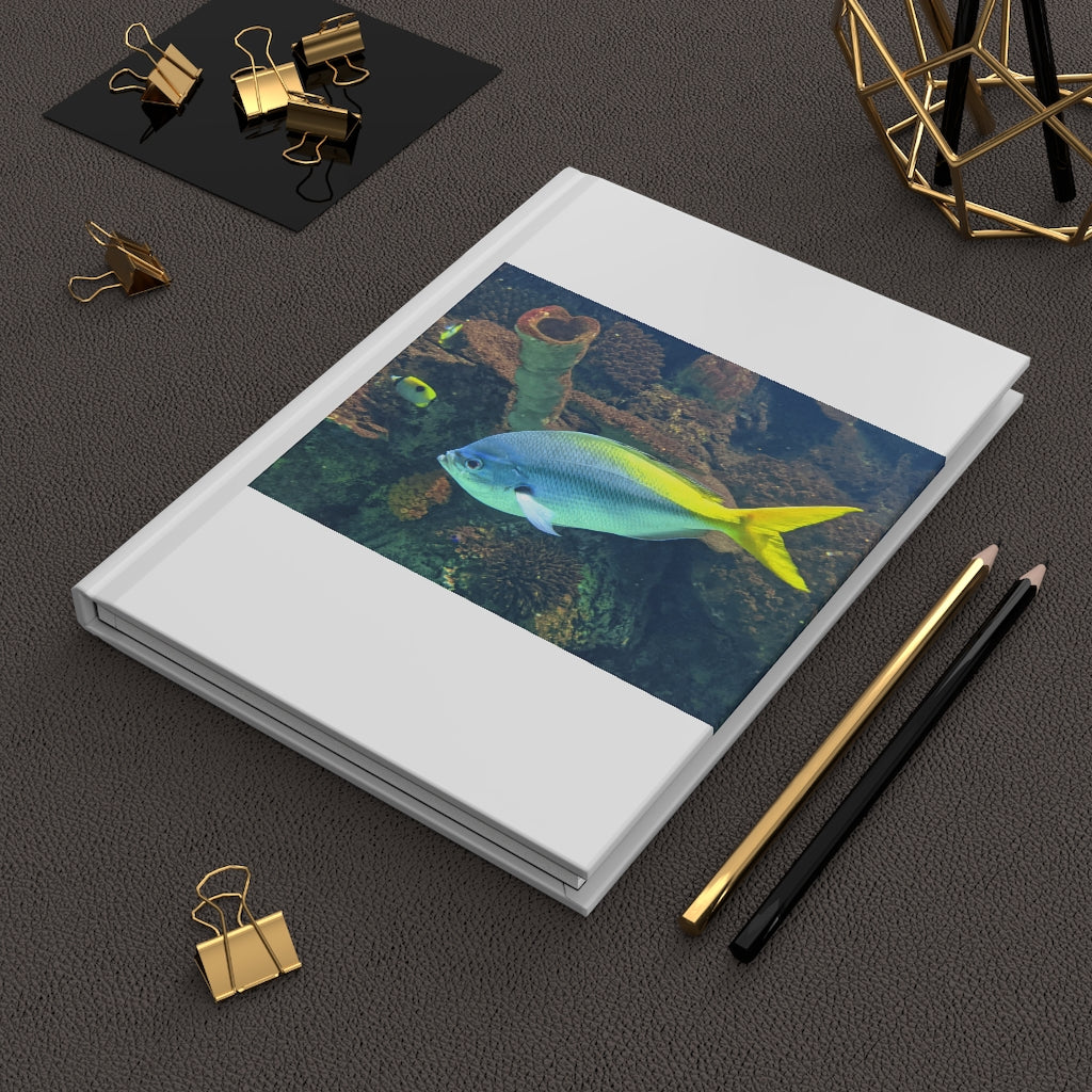 Light Blue and Yellow Fish Hardcover Journal with matte finish, featuring a vibrant fish design on the cover.