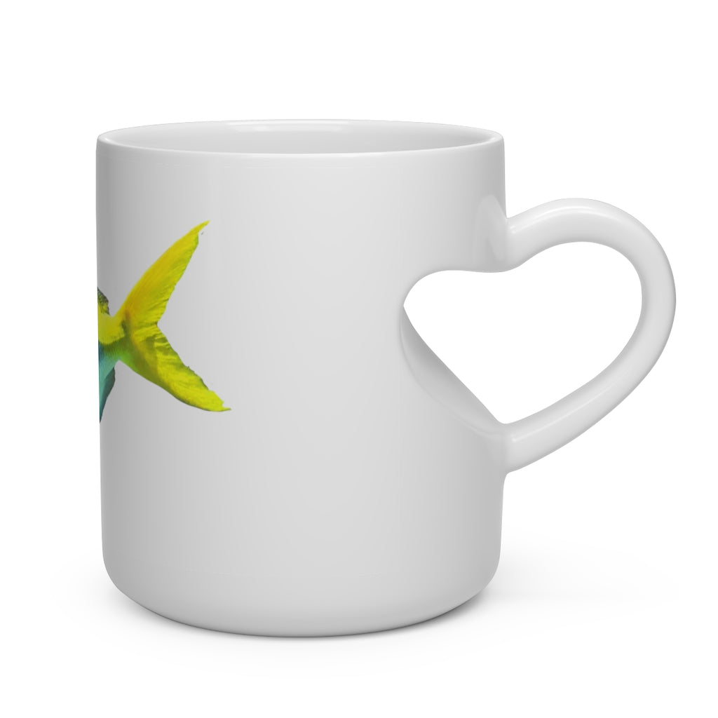 Light Blue and Yellow Fish Heart Shape Mug with a heart-shaped handle, featuring a charming fish pattern on a white ceramic body.