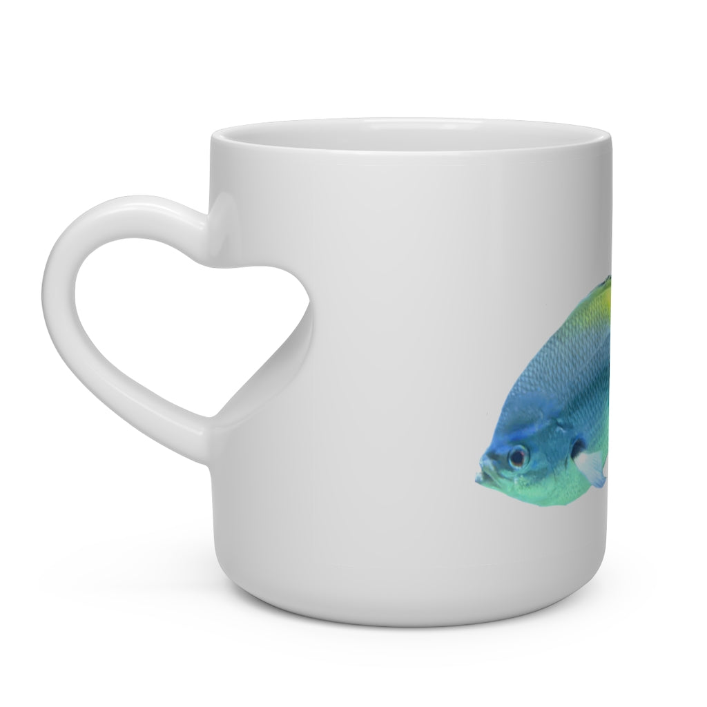 Light Blue and Yellow Fish Heart Shape Mug with a heart-shaped handle, featuring a charming fish pattern on a white ceramic body.