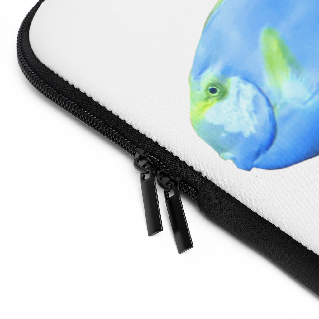 Light Blue and Yellow Fish Laptop Sleeve with dual zipper enclosures and smooth neoprene material, showcasing a vibrant fish design.