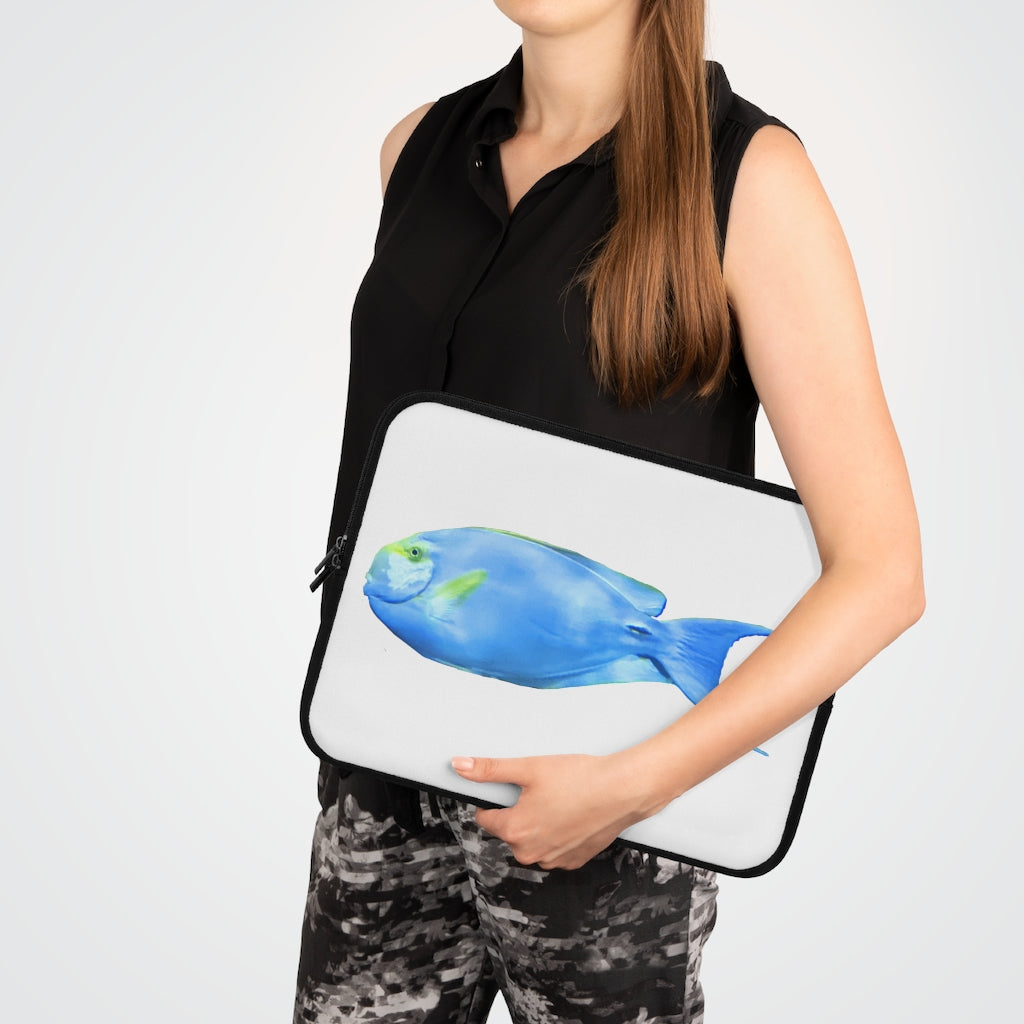 Light Blue and Yellow Fish Laptop Sleeve with dual zipper enclosures and smooth neoprene material, showcasing a vibrant fish design.