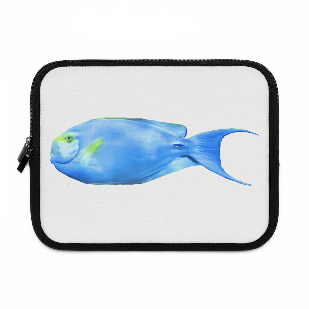 Light Blue and Yellow Fish Laptop Sleeve with dual zipper enclosures and smooth neoprene material, showcasing a vibrant fish design.