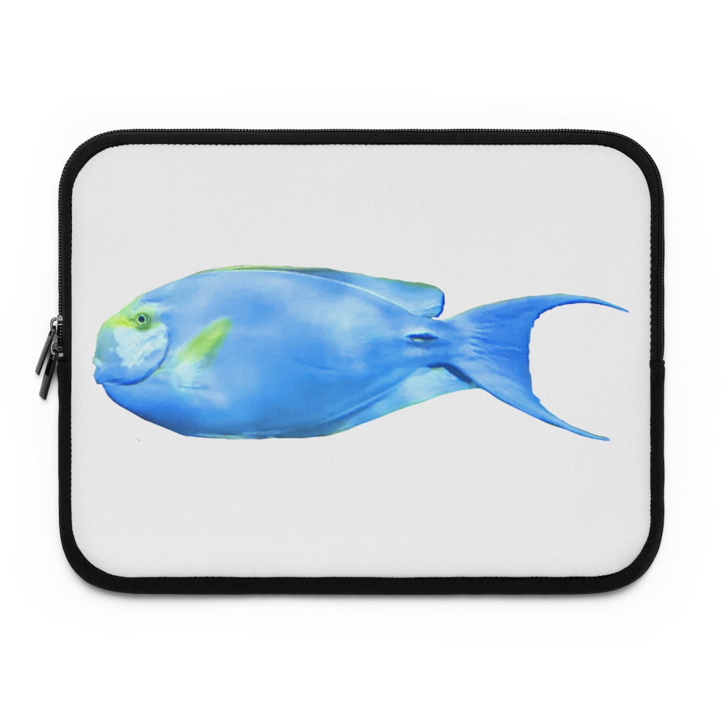 Light Blue and Yellow Fish Laptop Sleeve with dual zipper enclosures and smooth neoprene material, showcasing a vibrant fish design.