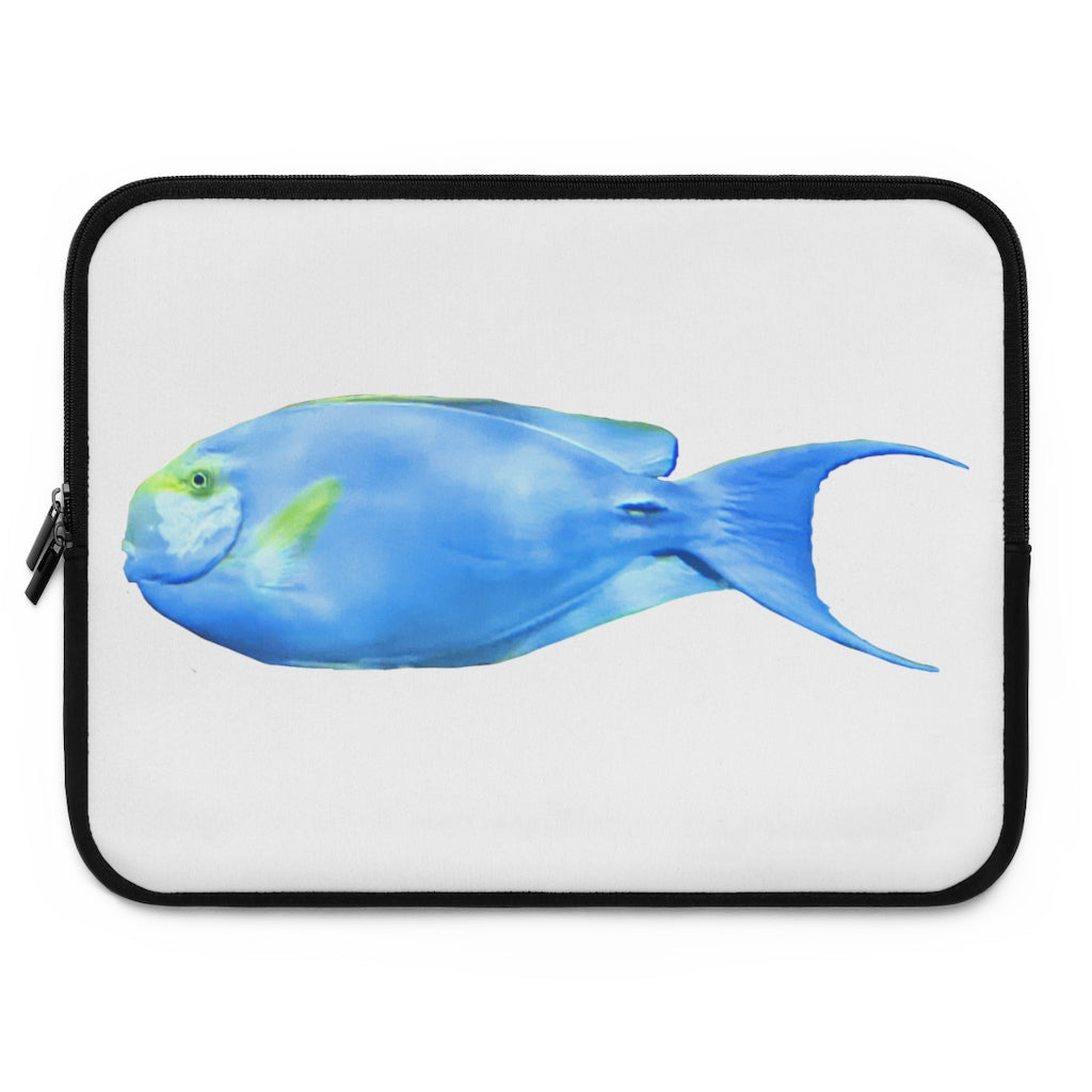 Light Blue and Yellow Fish Laptop Sleeve with dual zipper enclosures and smooth neoprene material, showcasing a vibrant fish design.